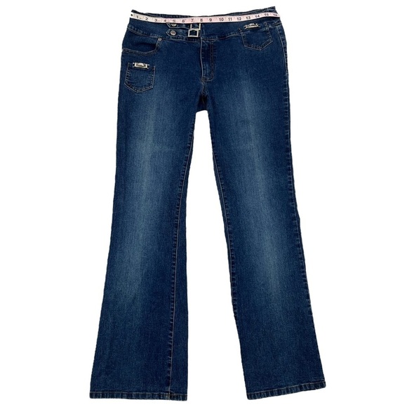Clash Woman’s Dark Wash Bootcut Flair Denim Jeans Snap Buckle Waist Size 11 Jrs - Picture 8 of 14
